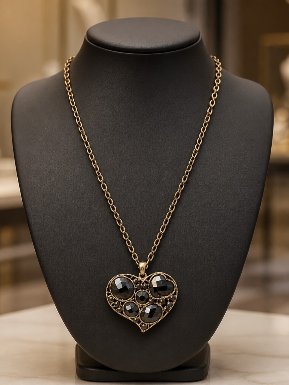 Gold Heart Pendant Necklace with Black Stones - Women's Jewelry
